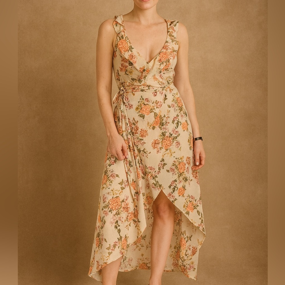 Lumiere Cream Floral Ruffle Curtain Hem Maxi Dress Sz Large